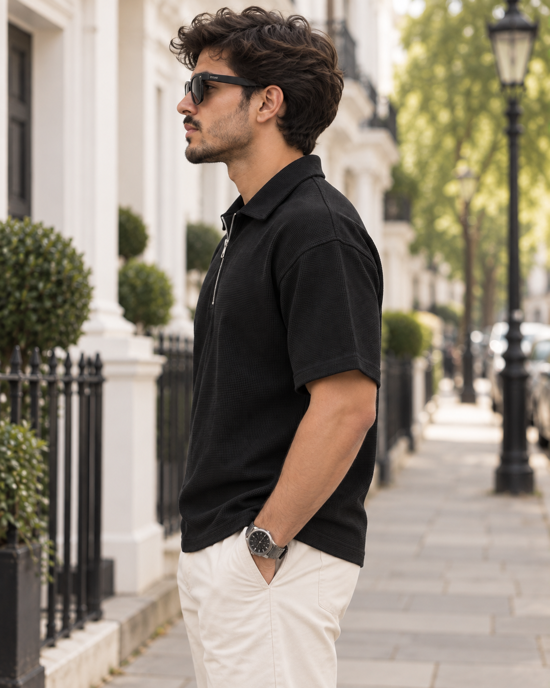 Textured Quarter-Zip Polo T-Shirt - Black
