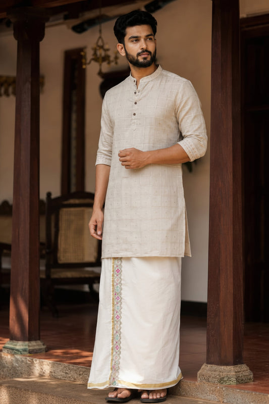 SOFT LINEN FESTIVE SPECIAL LUXURY KURTA + DESIGNER COTTON KASAVU DHOTI COMBO – IVORY
