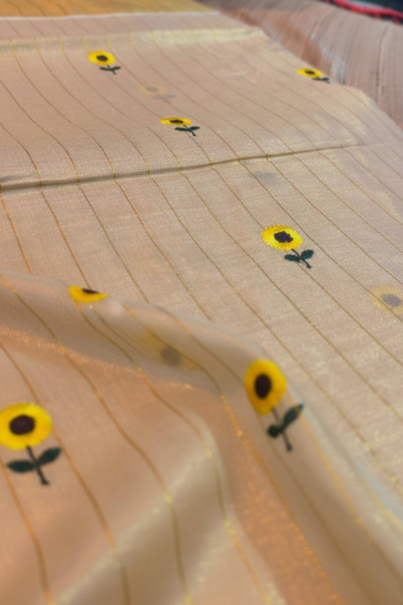 EMBROIDERED SMALL FLOWER WITH BODY STRIPES TISSUE SAREE STRIPED COTTON KERALA KASAVU SAREE
