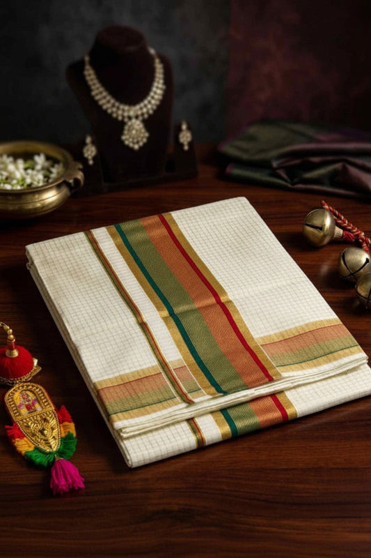 SMALL ARANI CHECKS COTTON KASAVU SAREE WITH TWO COLOR KARA - MAROON AND GREEN