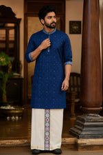 SOFT LINEN FESTIVE SPECIAL LUXURY KURTA + DESIGNER COTTON KASAVU DHOTI COMBO – Dark blue