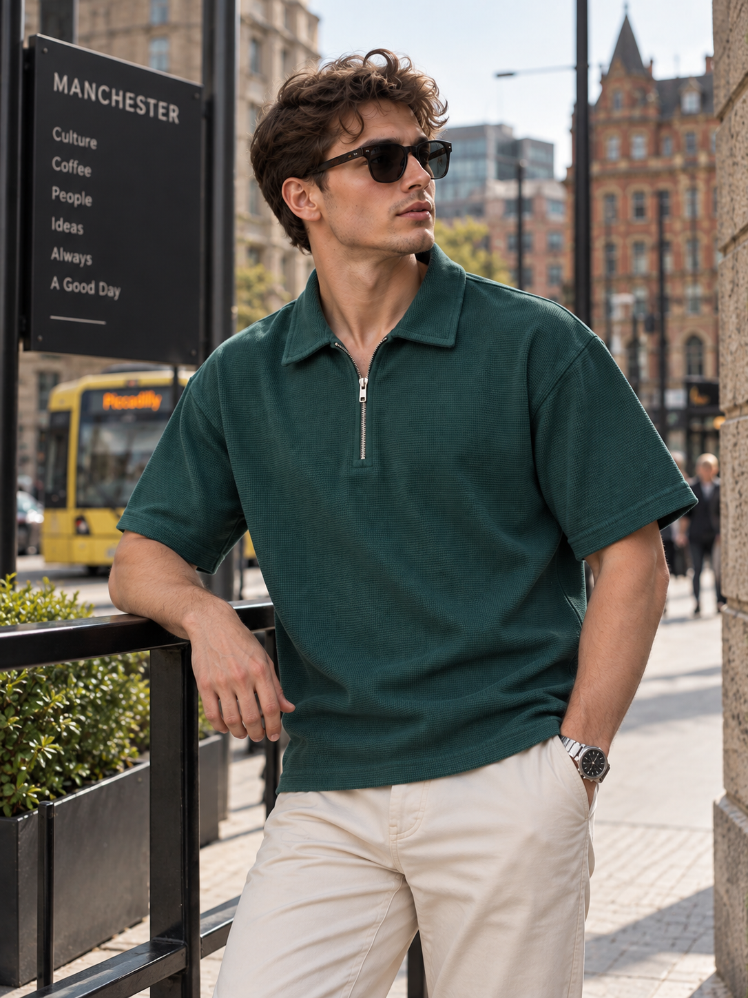 Textured Quarter-Zip Polo T-Shirt – Bottle Green