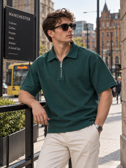 Textured Quarter-Zip Polo T-Shirt – Bottle Green