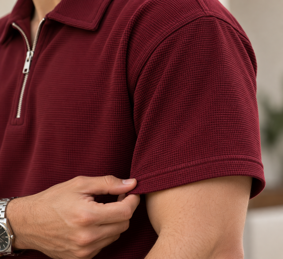Textured Quarter-Zip Polo T-Shirt – Burgundy