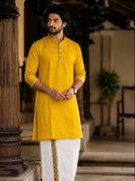 SOFT LINEN FESTIVE SPECIAL LUXURY KURTA + DESIGNER COTTON KASAVU DHOTI COMBO – Yellow