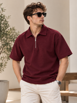 Textured Quarter-Zip Polo T-Shirt – Burgundy
