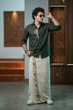 Bottle Green Elephant Embroidery Half Patch Shirt - Double Golden kasavu Dhotie Combo