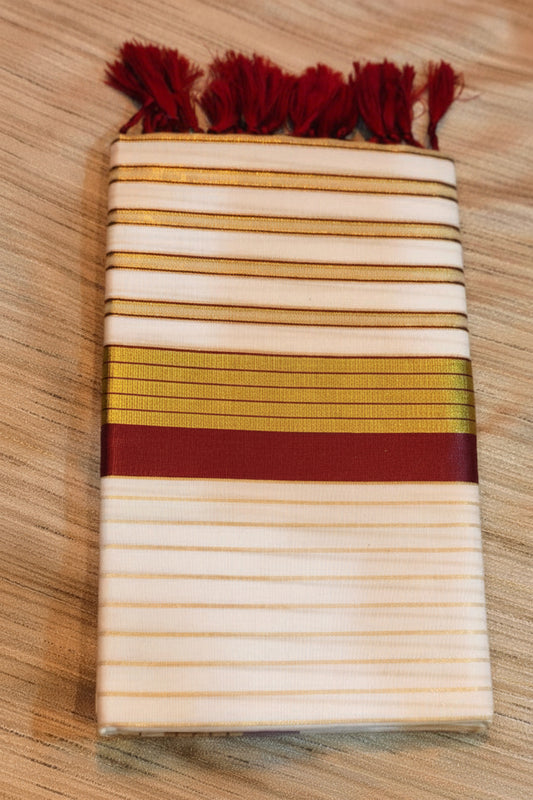 COTTON STRIPED KERALA SAREE WITH TASSELS SINGLE COLOR KARA - MAROON AND GOLD