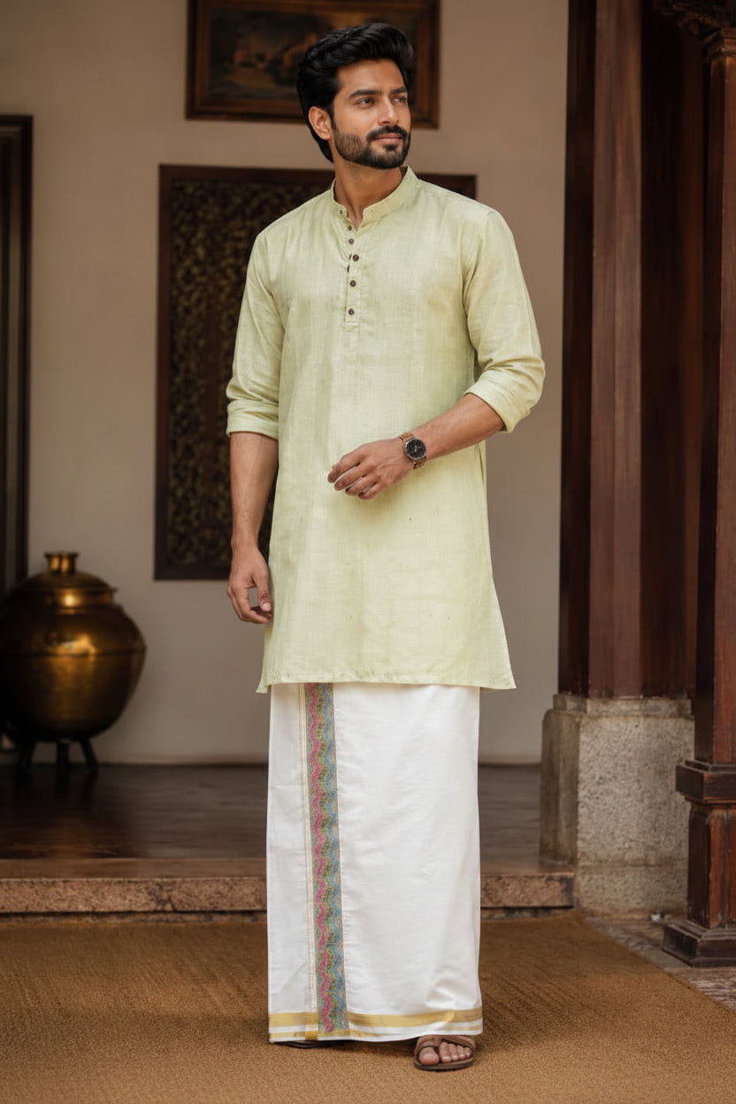 SOFT LINEN FESTIVE SPECIAL LUXURY KURTA + DESIGNER COTTON KASAVU DHOTI COMBO - PISTA GREEN