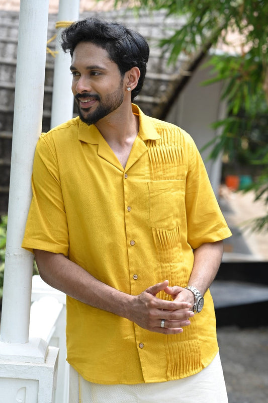 Yellow Half Sleeve Plain Shirt with Pin Tuck Detailing (Out of Stock)