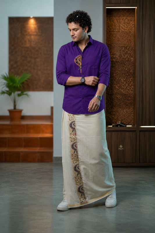 Elephant Embroidery Half Patch Shirt Purple - Double Golden kasavu Dhotie Combo