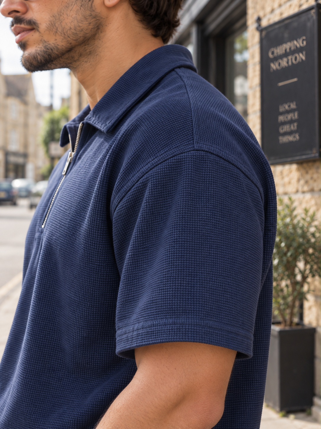 Textured Quarter-Zip Polo T-Shirt – Navy