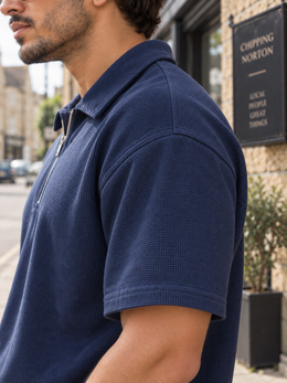 Textured Quarter-Zip Polo T-Shirt – Navy