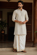 SOFT LINEN FESTIVE SPECIAL LUXURY KURTA + DESIGNER COTTON KASAVU DHOTI COMBO – IVORY