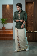 Bottle Green Elephant Embroidery Half Patch Shirt - Double Golden kasavu Dhotie Combo