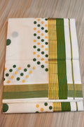 HAND BLOCK POLKA COTTON KASAVU SAREE - GREEN AND GOLD
