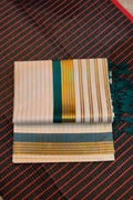 COTTON STRIPED KERALA SAREE WITH TASSELS SINGLE COLOR KARA - GREEN AND GOLD