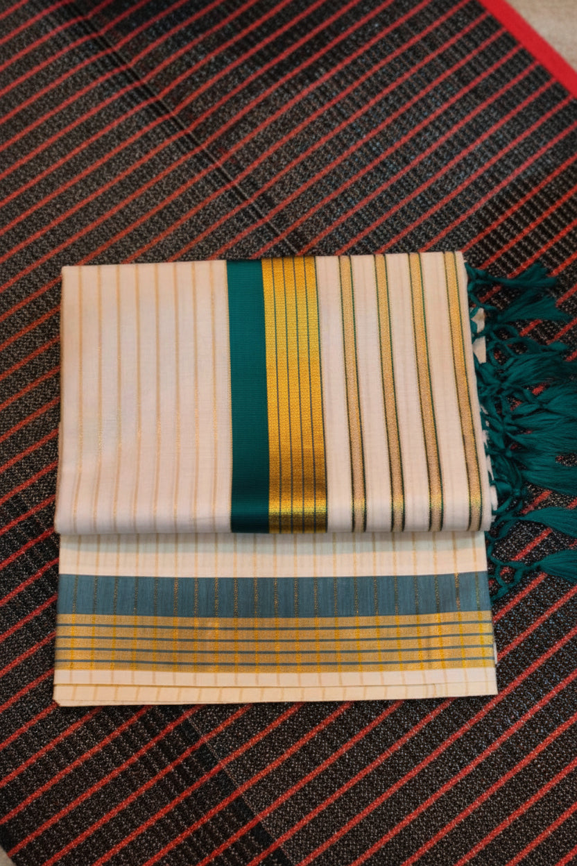COTTON STRIPED KERALA SAREE WITH TASSELS SINGLE COLOR KARA - GREEN AND GOLD
