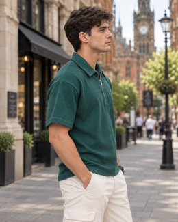 Textured Quarter-Zip Polo T-Shirt – Bottle Green