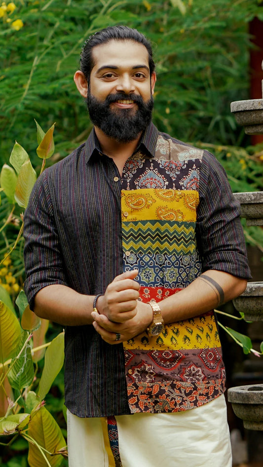 Black Kantha Full Sleeve Multi Patch Shirt