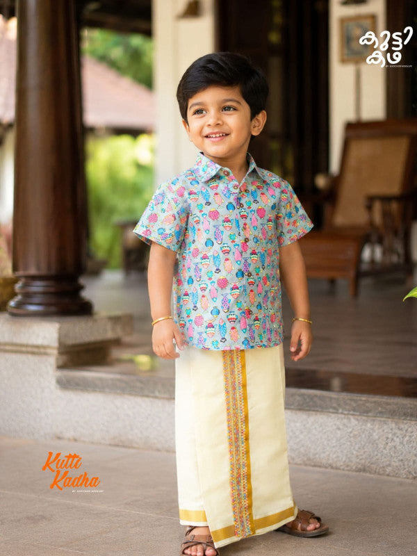 Premium Linen Cotton Shirt Digital printed + Dhoti Combo For Kids RWL003