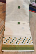 HAND BLOCK POLKA COTTON KASAVU SAREE - GREEN AND GOLD