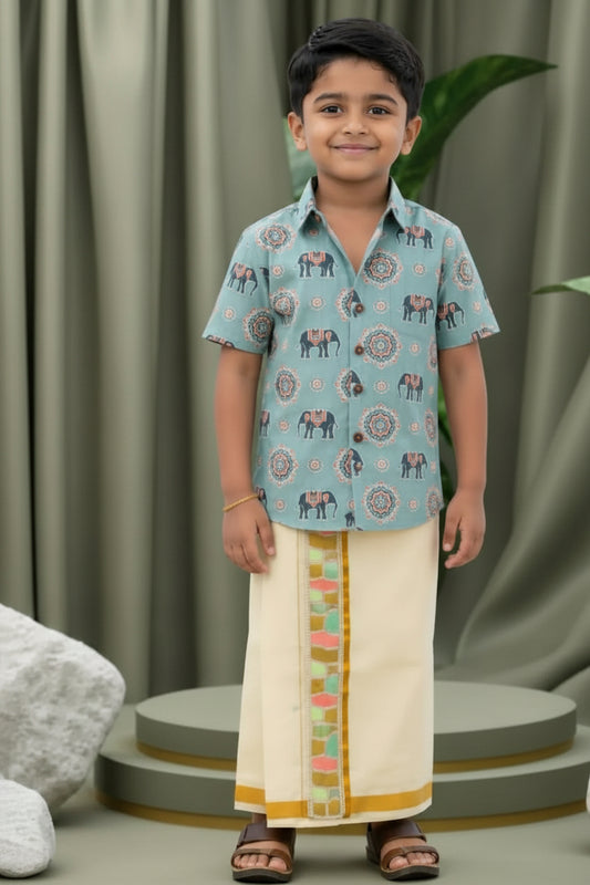 Premium Linen Cotton Shirt Digital printed + Dhoti Combo For Kids RWL006