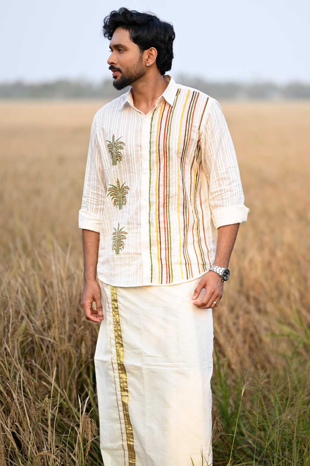 Offwhite Lurex Shirt with Nelkathir & Stripes Hand Painted