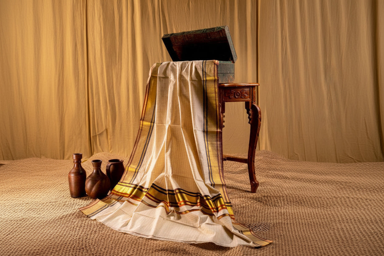 SMALL ARANI CHECKS COTTON KASAVU SAREE WITH TWO COLOR KARA - MAROON AND DARK BROWN