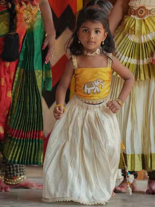 Silk Blouse with Elephant Beaded Patch and Lurex Skirt
