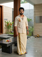 Off White Sree Krishna Beaded Patch premium Designer Shirt - Double kasavu Dhoti