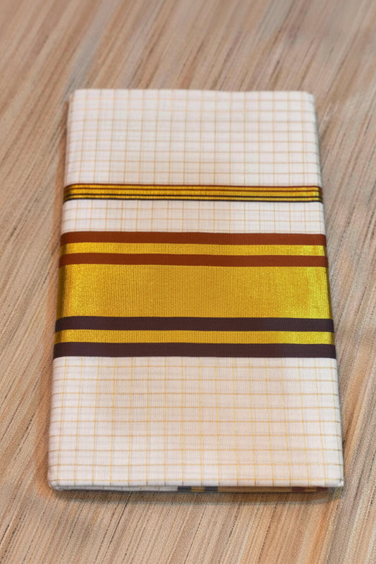SMALL ARANI CHECKS COTTON KASAVU SAREE WITH TWO COLOR KARA - MAROON AND DARK BROWN