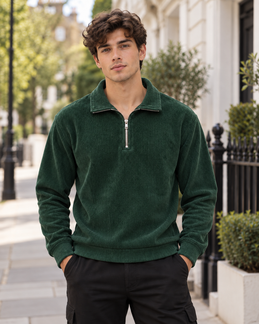 Corduroy Quarter-Zip Sweatshirt – Bottle Green