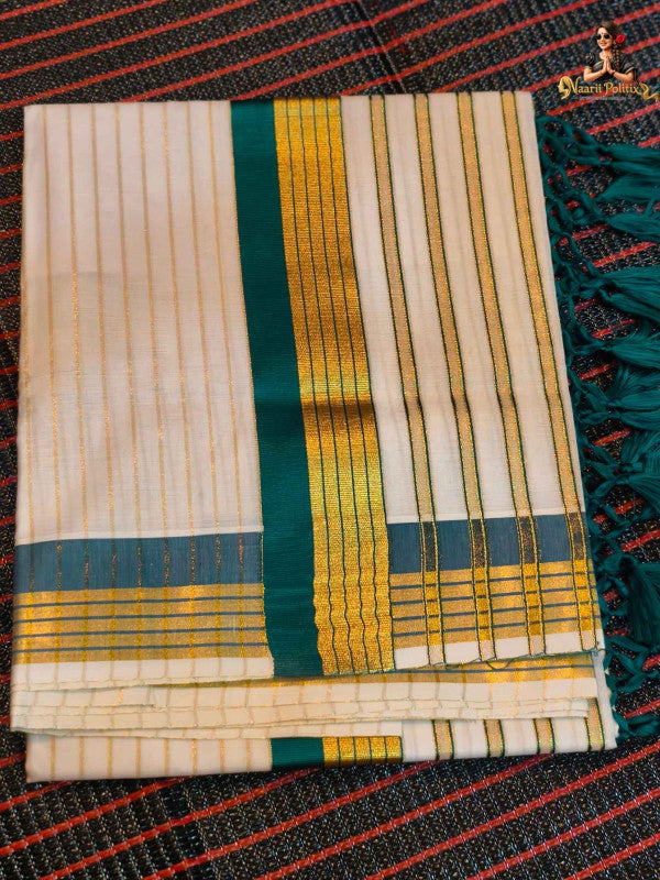 COTTON STRIPED KERALA SAREE WITH TASSELS SINGLE COLOR KARA - GREEN AND GOLD