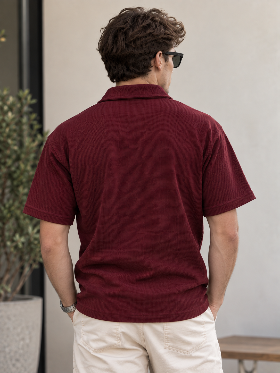 Textured Quarter-Zip Polo T-Shirt – Burgundy