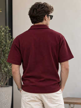 Textured Quarter-Zip Polo T-Shirt – Burgundy