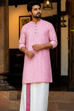 SOFT LINEN FESTIVE SPECIAL LUXURY KURTA + DESIGNER COTTON KASAVU DHOTI COMBO - LIGHT PINK
