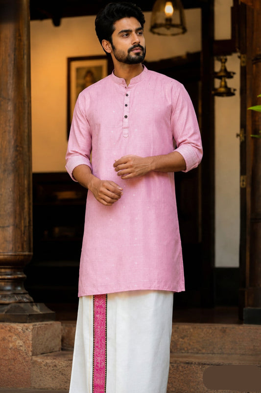 SOFT LINEN FESTIVE SPECIAL LUXURY KURTA + DESIGNER COTTON KASAVU DHOTI COMBO - LIGHT PINK
