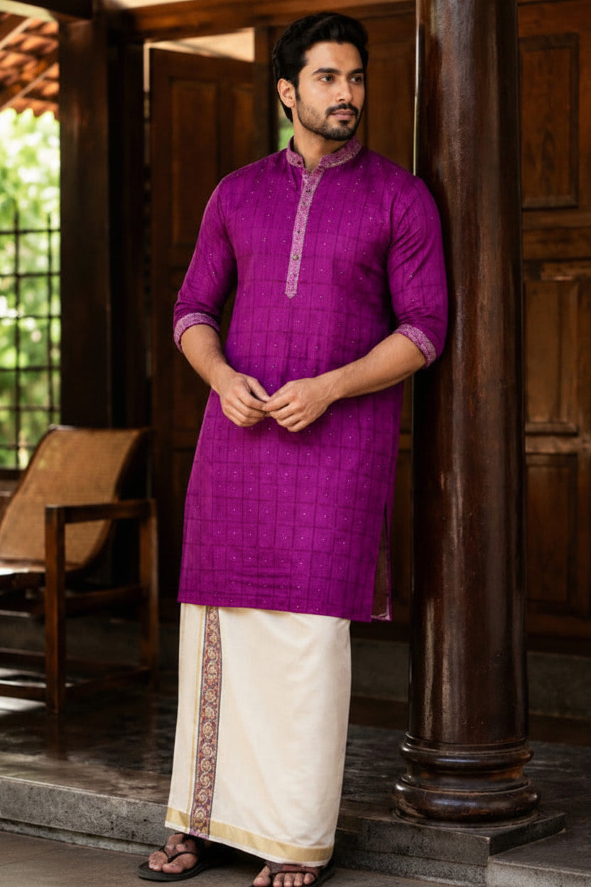 SOFT LINEN FESTIVE SPECIAL LUXURY KURTA + DESIGNER COTTON KASAVU DHOTI COMBO – Purple