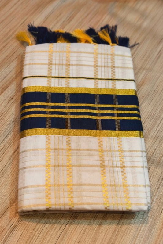CHECKED COTTON KASAVU SAREE - NAVY BLUE AND GOLD
