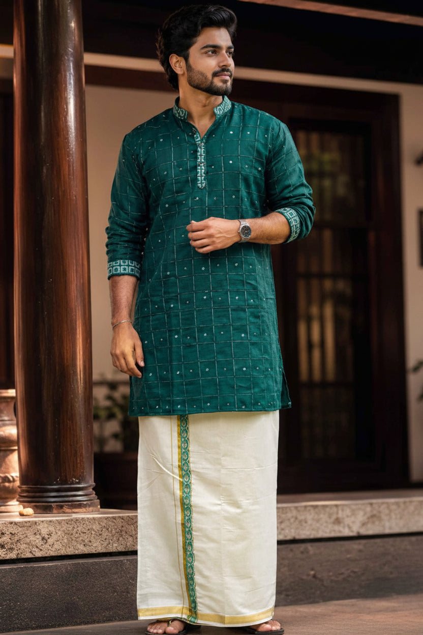 SOFT LINEN FESTIVE SPECIAL LUXURY KURTA + DESIGNER COTTON KASAVU DHOTI COMBO – Dark Green
