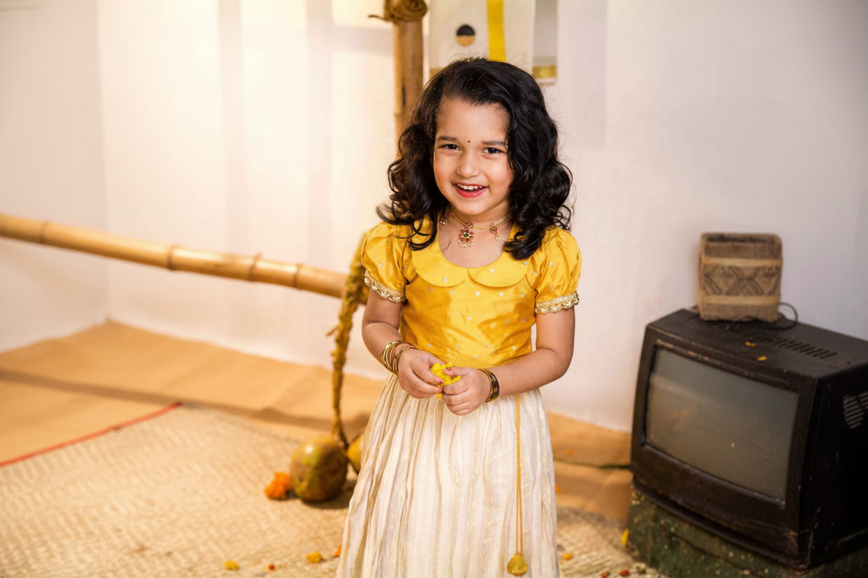 Yellow Silk Top and Ivory Lurex Skirt